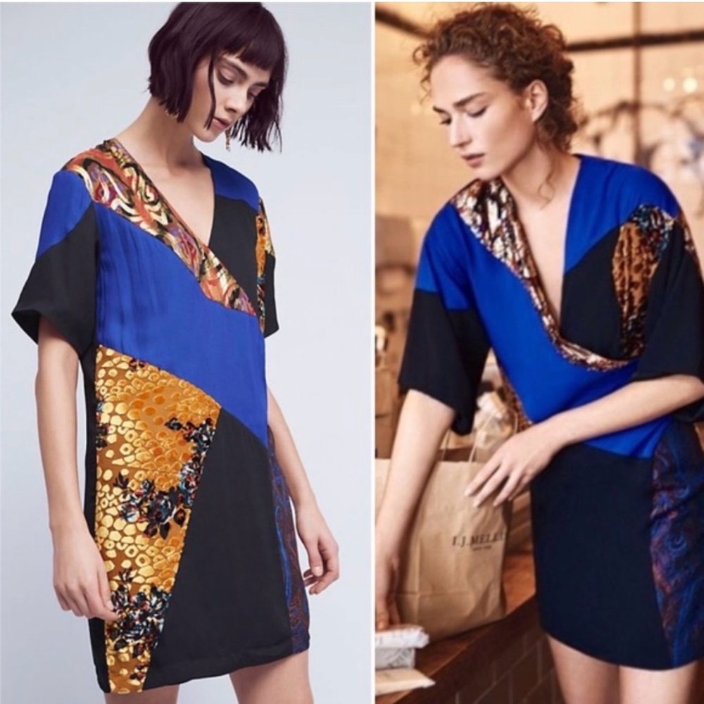 HD in Paris Anthropologie Camellia patchwork silk blend artsy mixed media dress